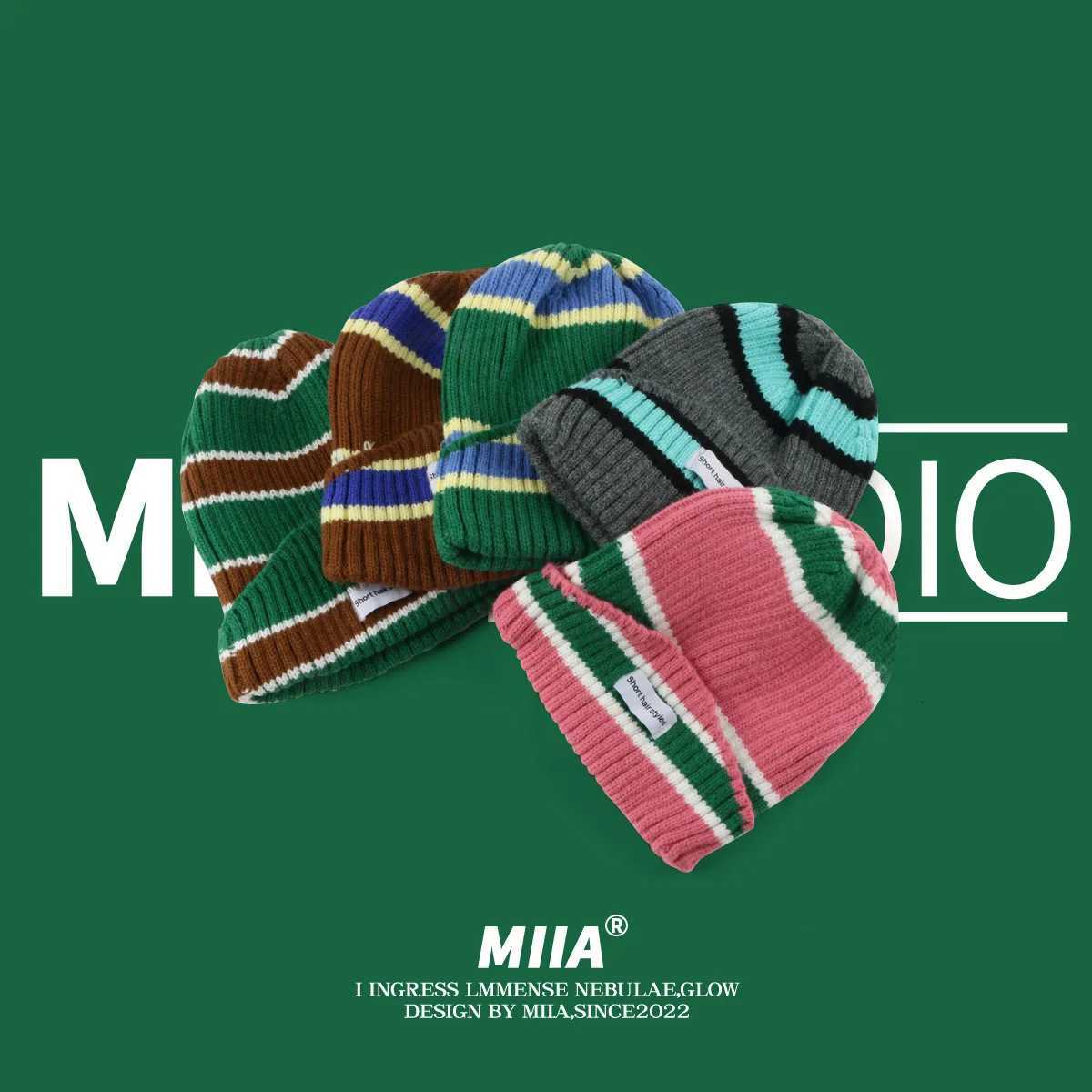 Striped Beanie Winter Hats For Women Knitted Retro Thickened Warm Baggy Cap Trendy Windproof Ear Protector Bonnet FemaleXJ251110