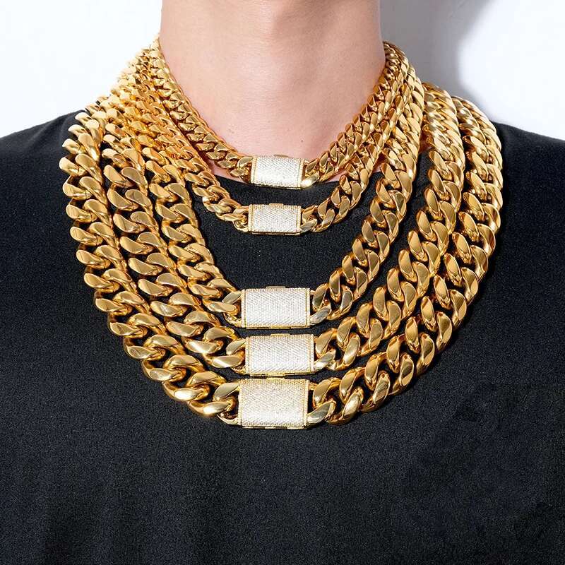12/14/18/20/22mm Big Heavy Solid Stainless Steel Cuban Miami Link Chain Necklaces for Men Hip Hop Bling Iced out Rapper Jewelry