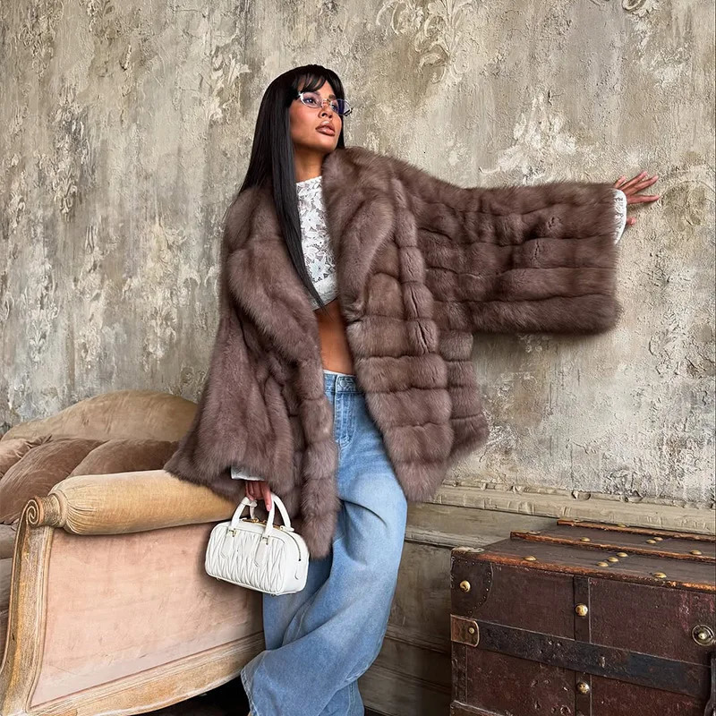Fashion Fluffy Faux Fur Coats Women Solid Lapel Long Sleeve Suede Loose Pleated Cardigan Jacket Winter High Street Outerwears 251110