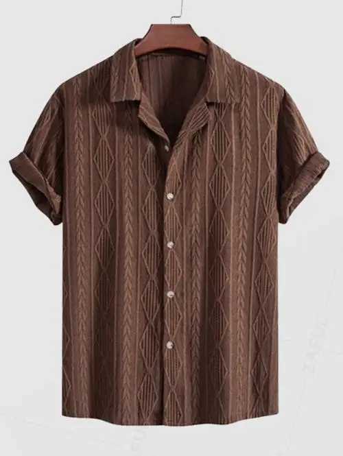 ZAFUL Mens Camping Collar Button Geometric Jacquard Openwork Short Sleeve Shirt X250410