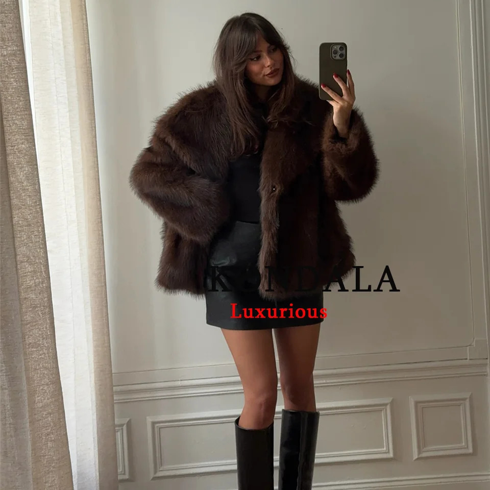 KONDALA Casual Brown Thick Fur Jackets Women Long Sleeve V Neck Autumn Winter Faux Coats Fashion Streetwear Outwears 251110