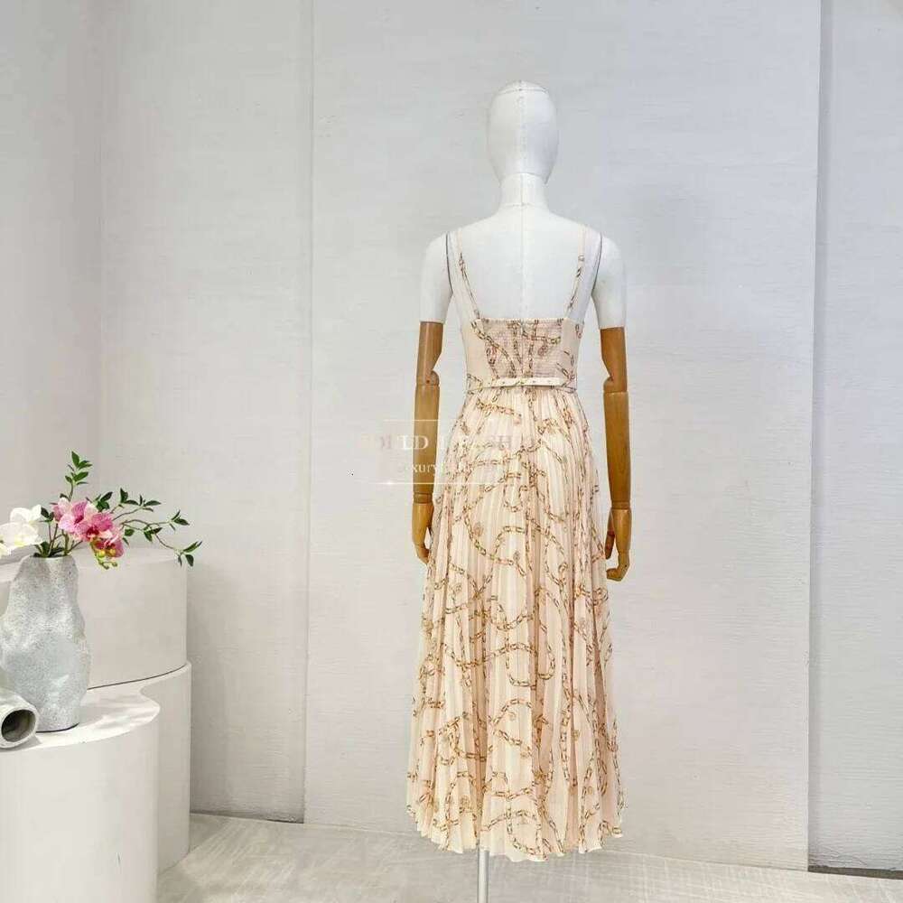 Autumn New Casual Style Women Wearing Two Colors Black Beige Chain Pattern Print Sleeveless Backless Midi Dress Hot Sale