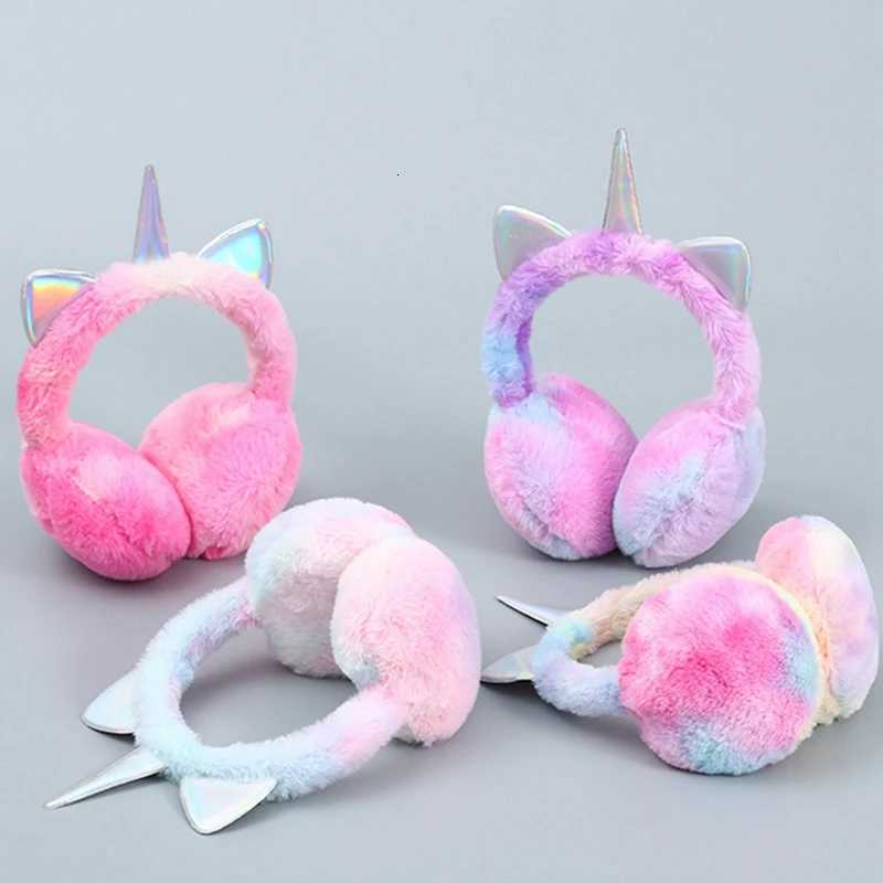 Children Unicorn Warm Earflap Colorful Soft Plush Fluffy Cat Ears Earmuffs Kids Winter Outdoor Cycling Ski Snow Tie-dye Headwear W251110