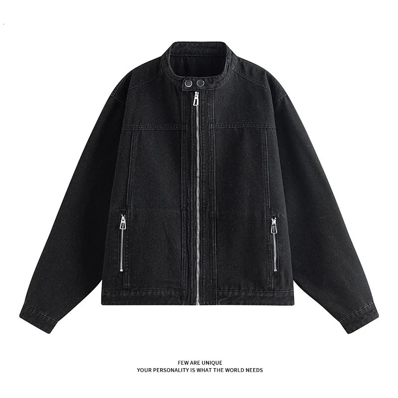 Motorcycle denim jacket mens hip-hop tight fitting zipper pocket retro washed tight fitting loose jeans jacket unisex 250410
