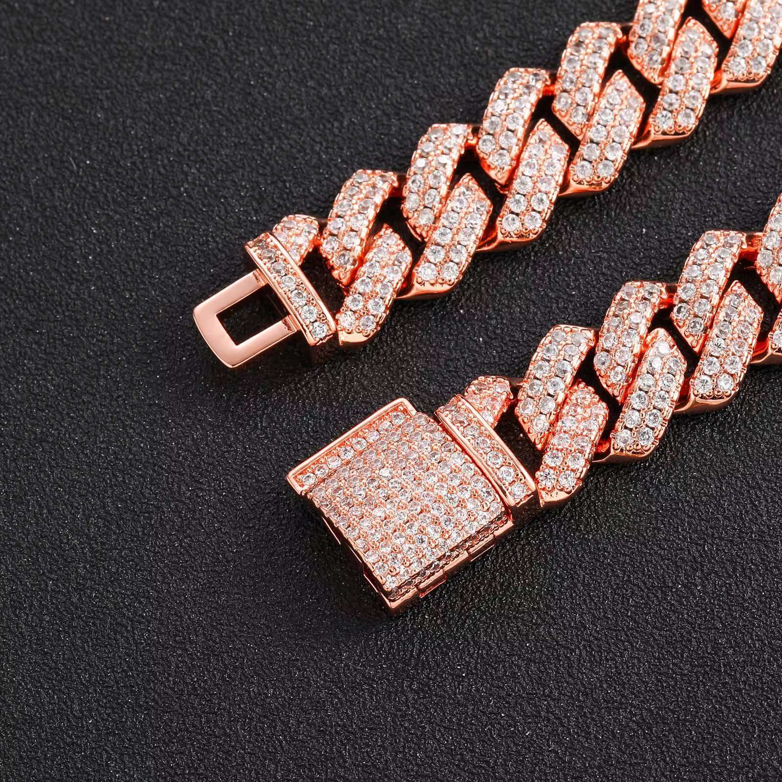 14mm Cuban Chain Pink Zircon Bracelet Genuine Gold Plated Ice Out Necklace Women's and Men's Jewelry Gift