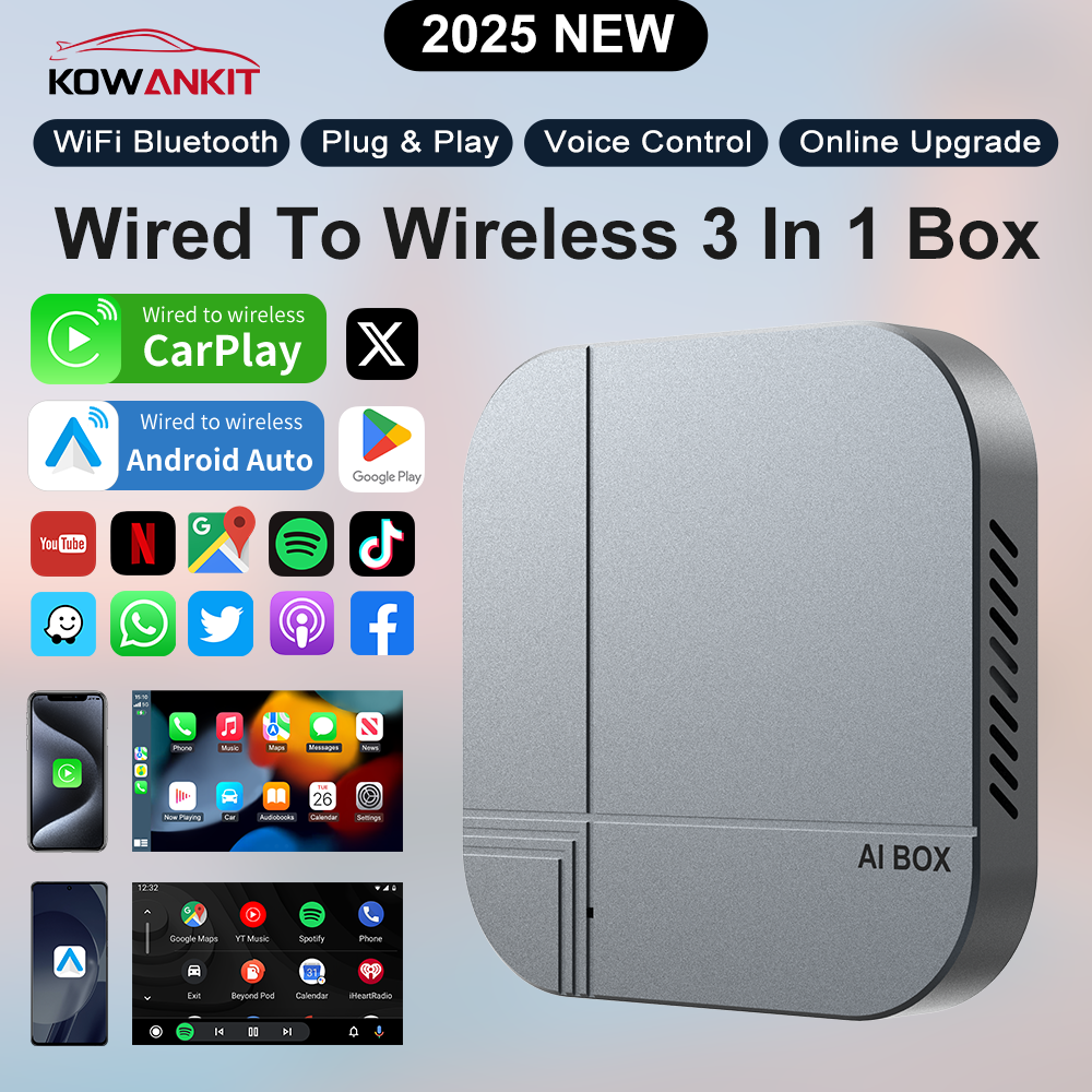 Kowankit 3in1 Wireless Carplay Android Auto AI Box,Plug & Play Fits Cars From IPhone IOS 10+ & Android 11+,Android 12 4+32GB 5G GPS WiFi HD,Support An