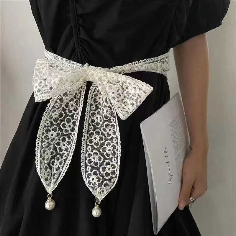 New Korean style elegant lace tie with pearl pendant long ribbon scarf jacket decoration waist chain new X250410