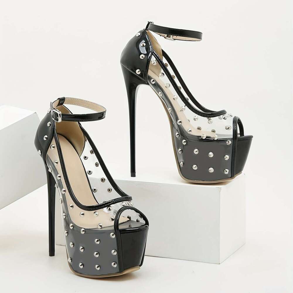 Women's Rivet Decor Platform Summer Peep Toe Ankle Buckle Strap Stiletto High Heel Transparent Shoes, Sexy Party Shoes