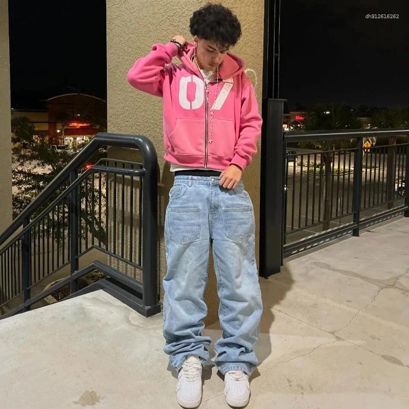 Men's Jeans Y2K Casual Baggy Pants Men Harajuku Cherry Blossom Print Pattern Gothic Women Hip Hop Streetwear Wide Leg Denim