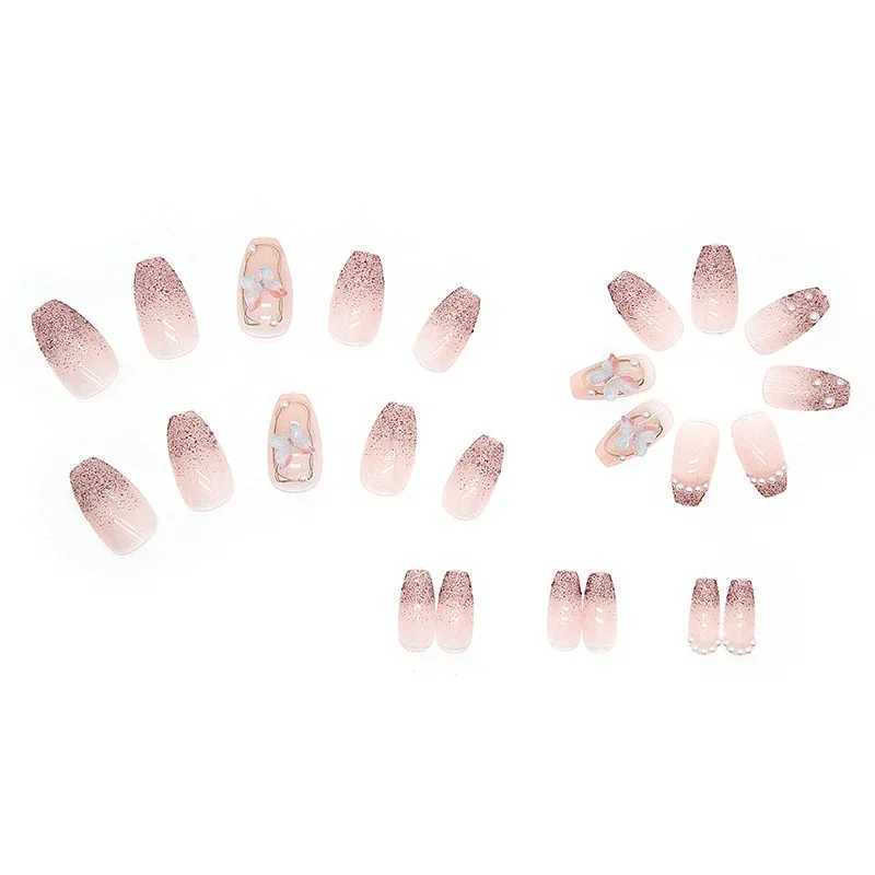 24 pieces of embossed butterfly fake nails with jelly stickers pressed onto the fake nails wearable round headed oval shaped fully covered nail tips W