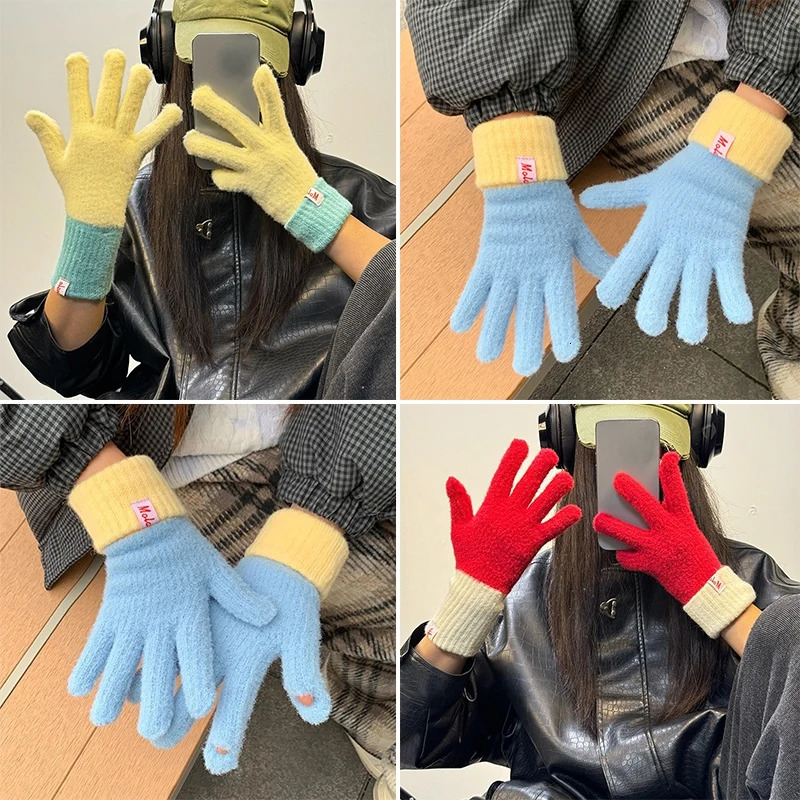 Winter Warm Women Gloves Dopamine Solid Color Five-fingered Gloves Knitted Cold-proof Student Girls Cycling Touch Screen Gloves 251106