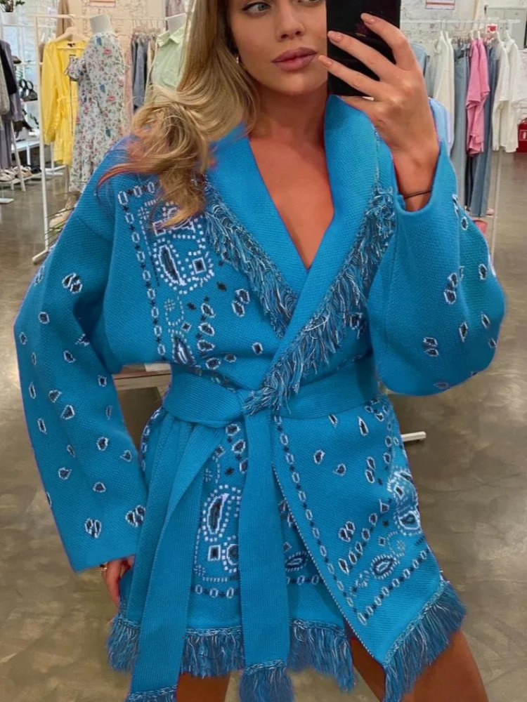 Women Tassel Patchwork Printed Cardigan Geometric Patterns Belts Vneck Long Sleeve Knitted Casual Lady Sweater Autumn Coat 251103