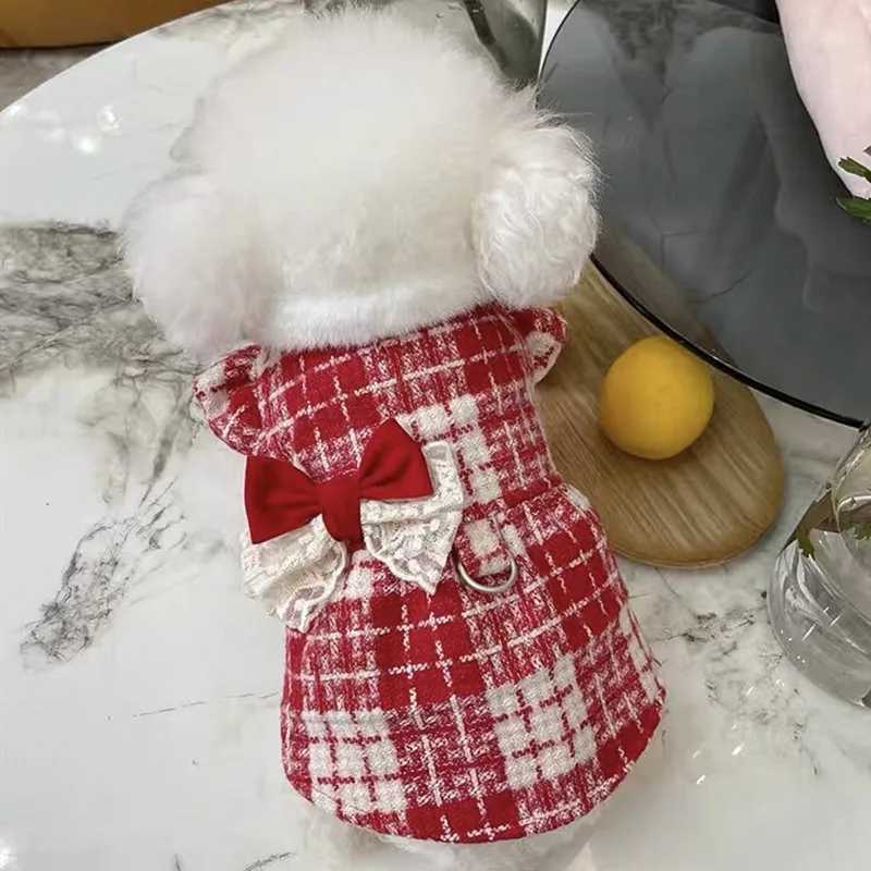 Pet Autumn/Winter Checkered Dress with Plush Collar Princess Dress Teddy Bow Yorkshire Cat Coat Dog Dresses for Small Dogs J251110
