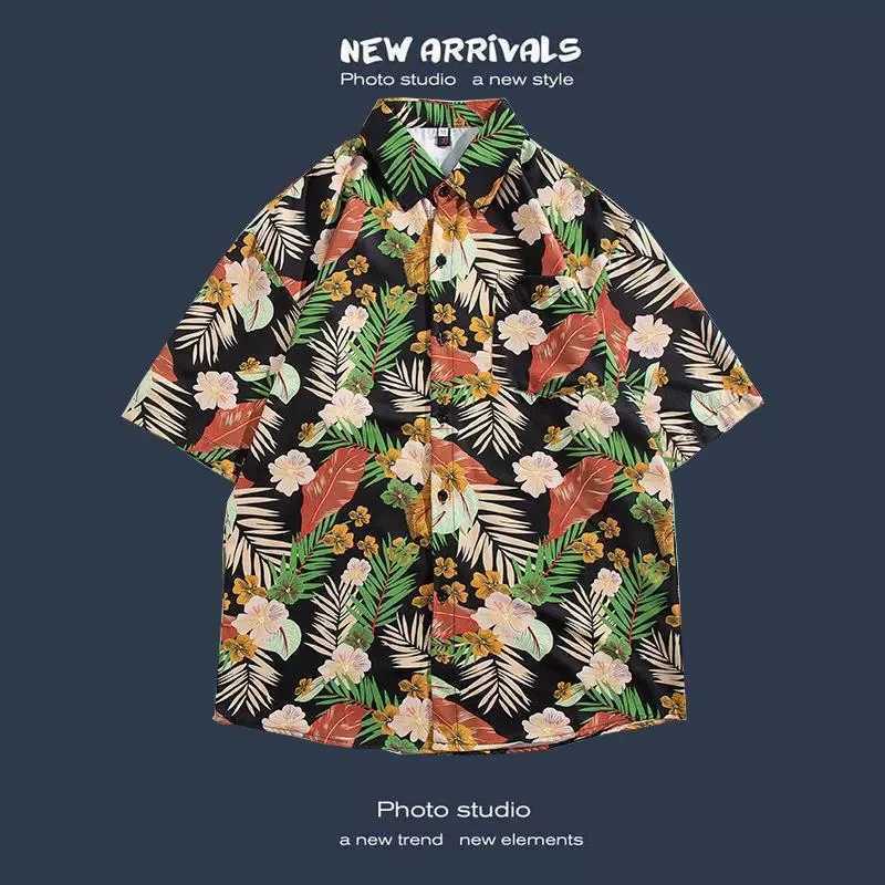 Mens short sleeved Hawaiian retro style beach shirt jacket with floral pattern suitable for vacation X250410