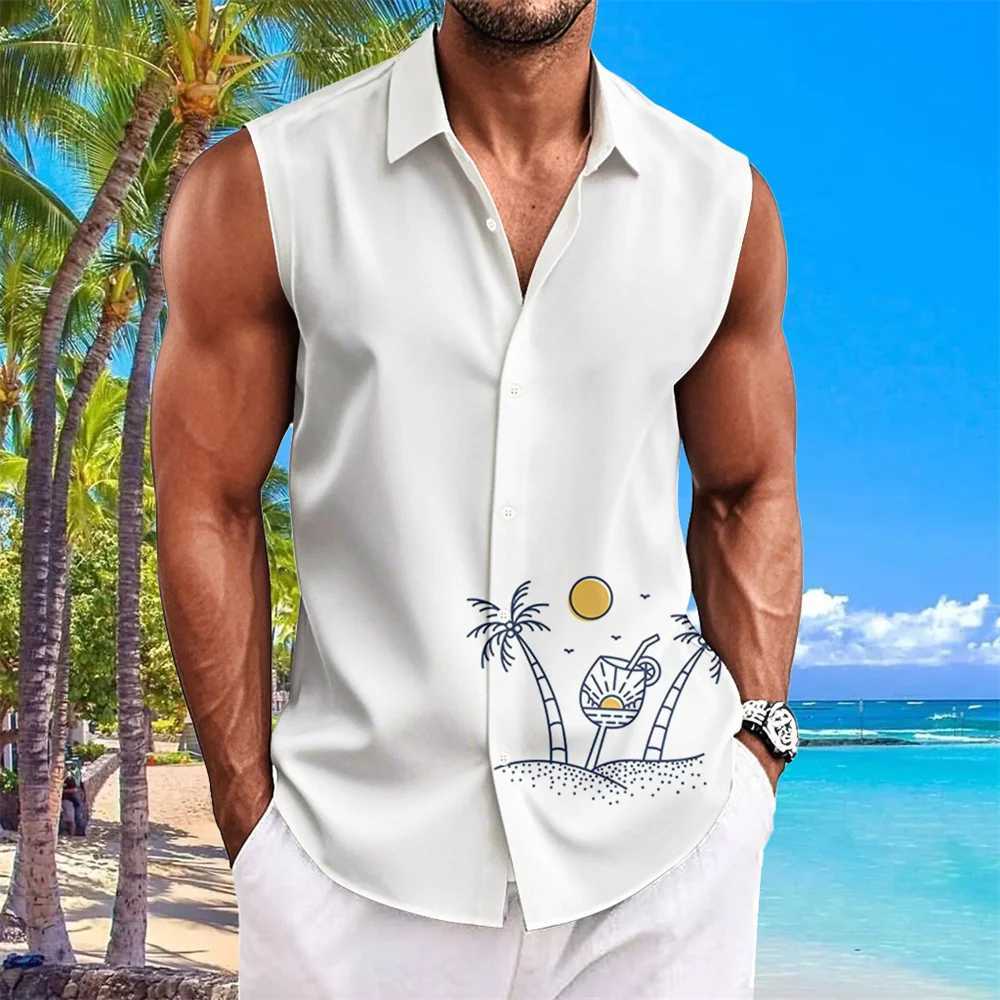 Summer casual mens shirt sleeveless lapel shirt button up beach vacation quick drying Hawaiian shirt mens oversized mens clothing X250410