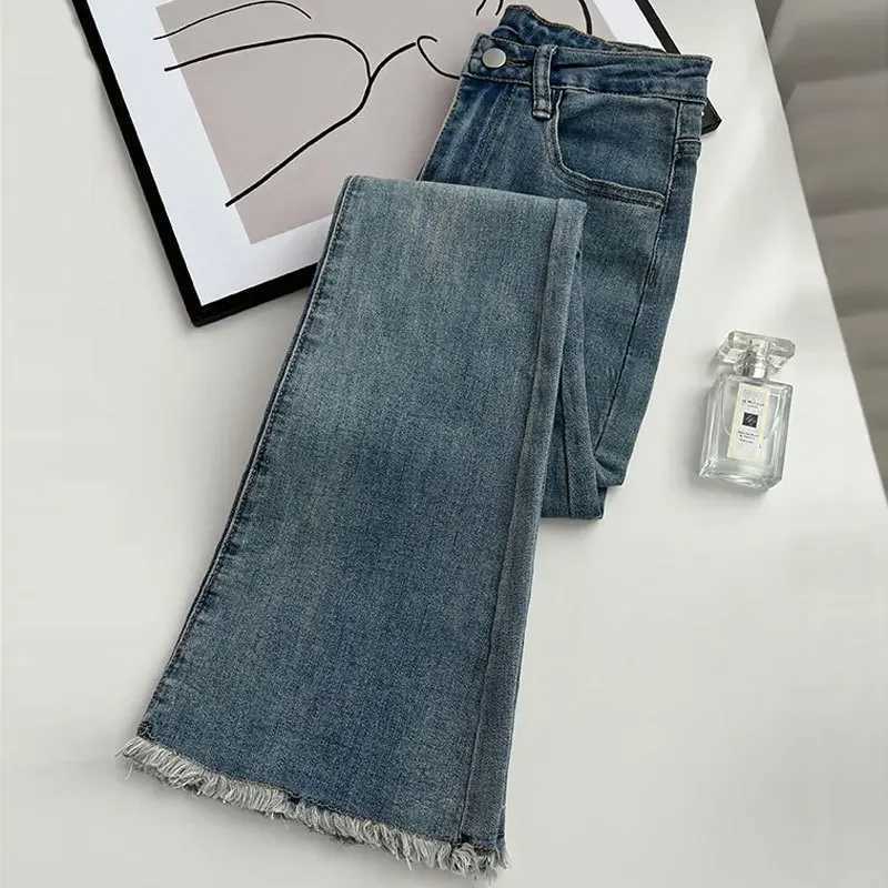 American Retro Micro-flared Jeans Womens Autumn and Winter Fashion Slim-fit High-waisted Stretch Long PantsFloor-length Jeans C251110