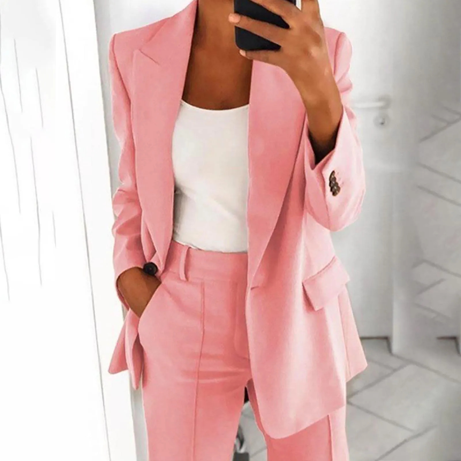 Autumn Spring Solid Blazer Coat Womens Open Skirt Button Casual Jacket Set Office 250407