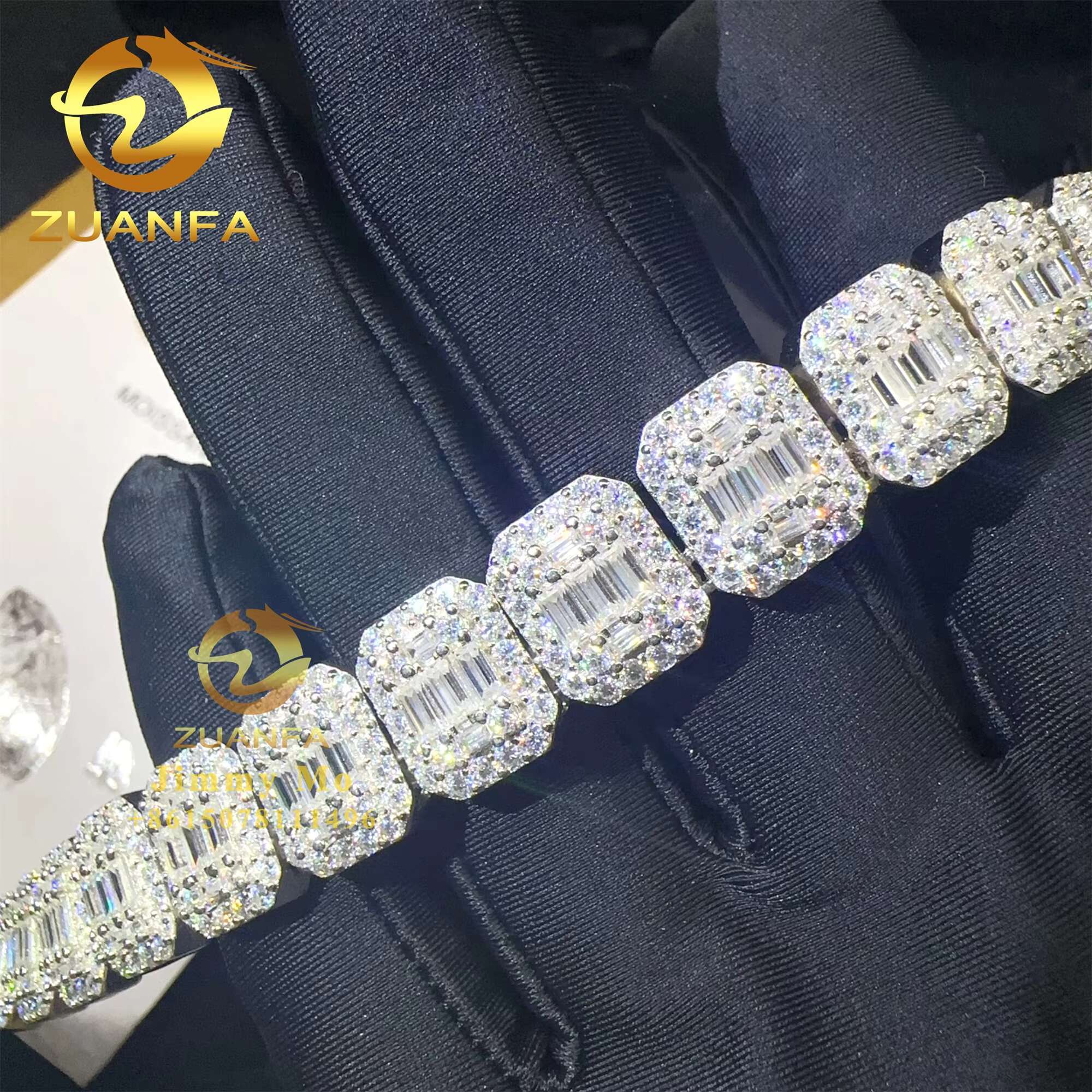 Fashion GRA Certificates 925 Silver 13mm Iced Out Hip Hop VVS1 baguette Moissanite Diamond Cluster Tennis Chain Necklace