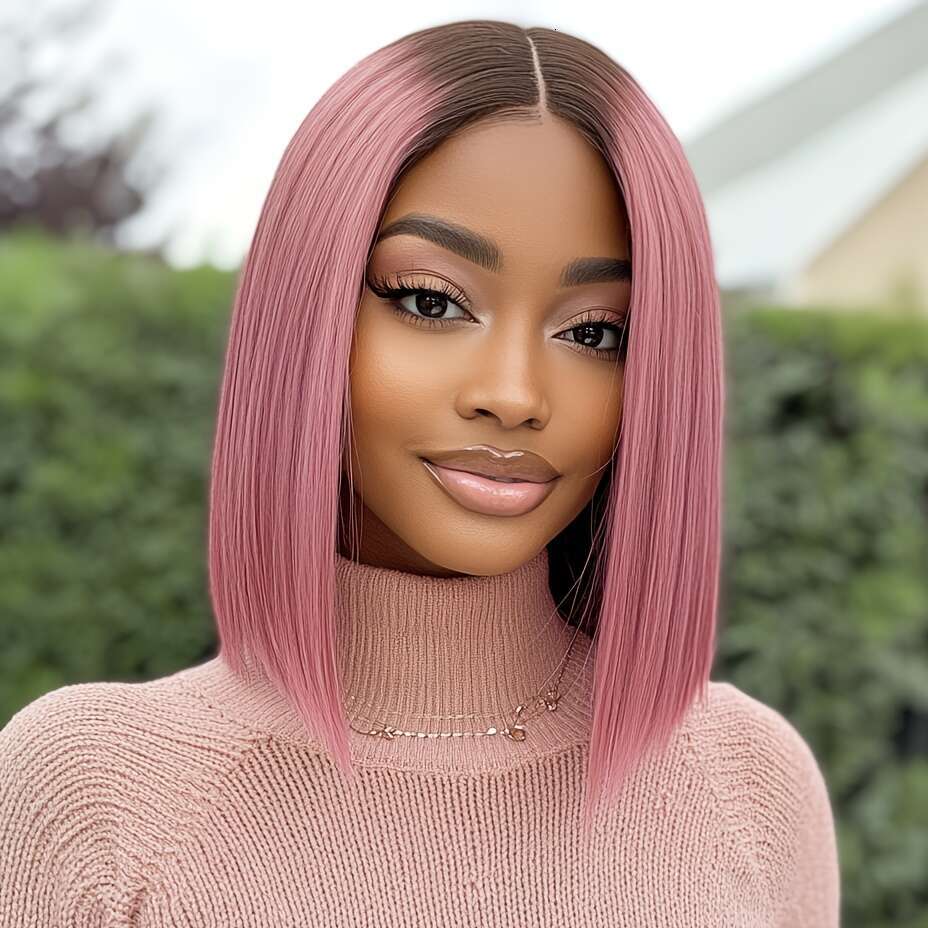 Natural Looking Human With Transparent Lace Front 13X6x1 Ombre Pastel Short Bob Cut, Bleached Knots Pre-Plucked - Lightweight Pink Hair Wig Women Men,