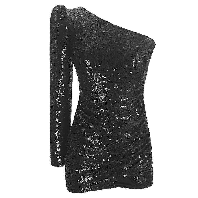 2025 Spring Fashion Sequin One-Shoulder Long Sleeve Bodycon Night club maxi dress Style SEXY DRESSES FOR WOMEN
