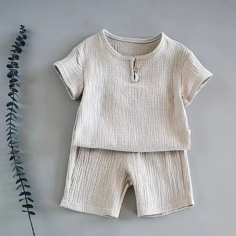 Summer childrens clothing set cotton linen sports baby girl boy 2-piece T-shirt suitable for children aged 1-6 250409