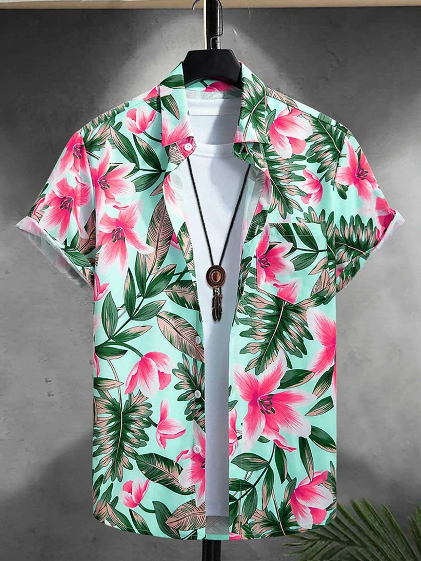 Hawaii colored coconut tree print lapel fashionable mens shirt 2024 mens beach vacation casual style mens short sleeved shirt X250410