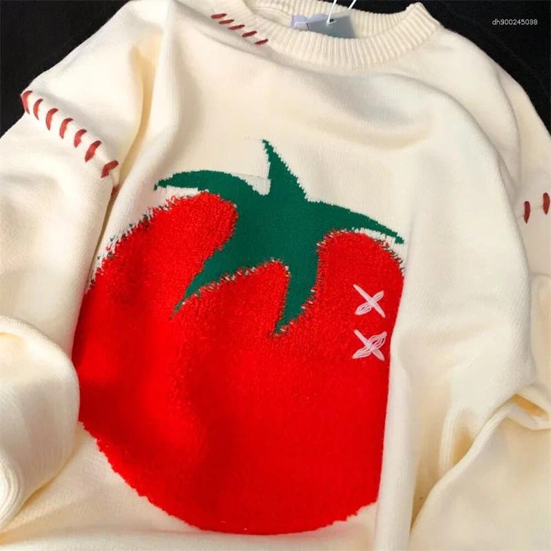 Men's Sweaters Autumn Cartoon Tomato Printed Knitted Sweater For Man Hip Hop Fashion Streetwear Pullovers Retro Aesthetic Y2K Knitwear
