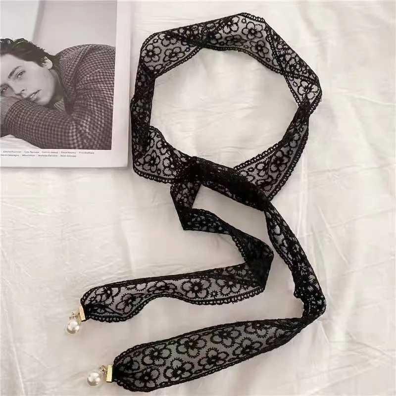 New Korean style elegant lace tie with pearl pendant long ribbon scarf jacket decoration waist chain new X250410