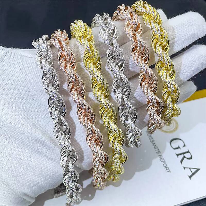 18K Gold 8mm Spring Buckle Twisted Chain Full Hip Hop Bracelet with Twist Rope Cuban Link Moissanite Bracelets Bangles