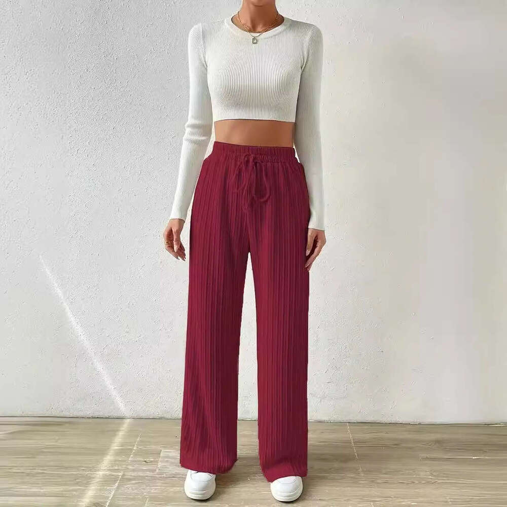 2024 New European and American Style Knitted Wide-Leg Pants with Waist Texture, Elastic High Waist, Solid Color, Casual Loose Straight-Leg Women'