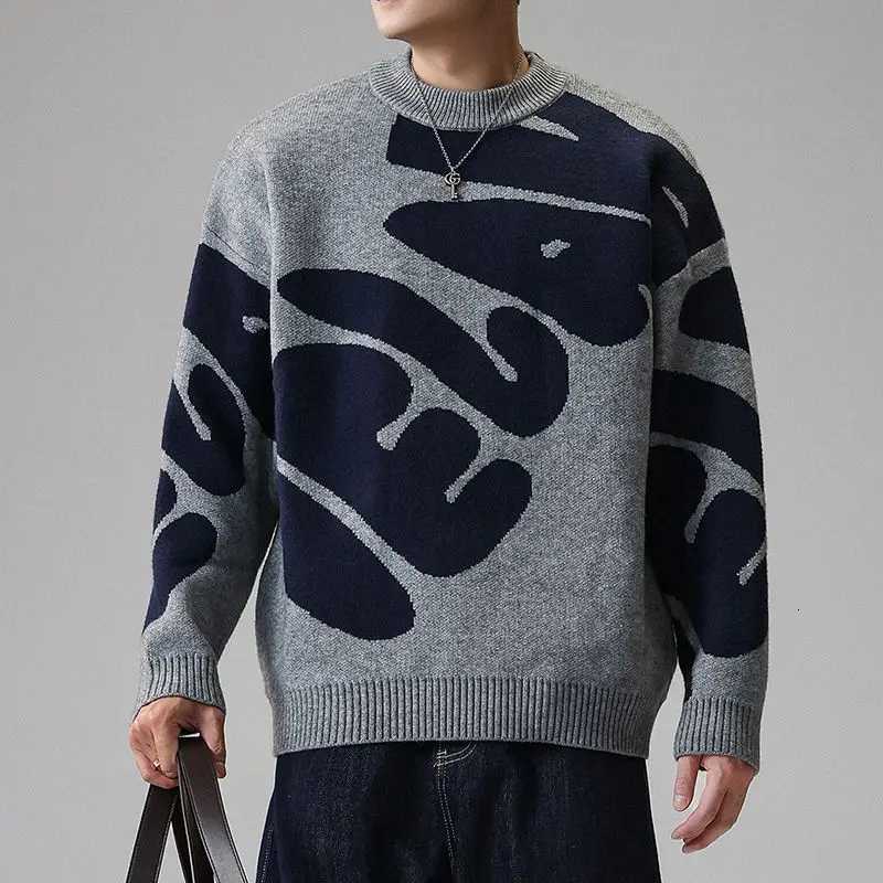 Fashion American Streetwear Grey Blue Abstract Jacquard Crew Neck Sweater Men Women Couple Loose Casual Knit Jumper Autumn Winter Y251110