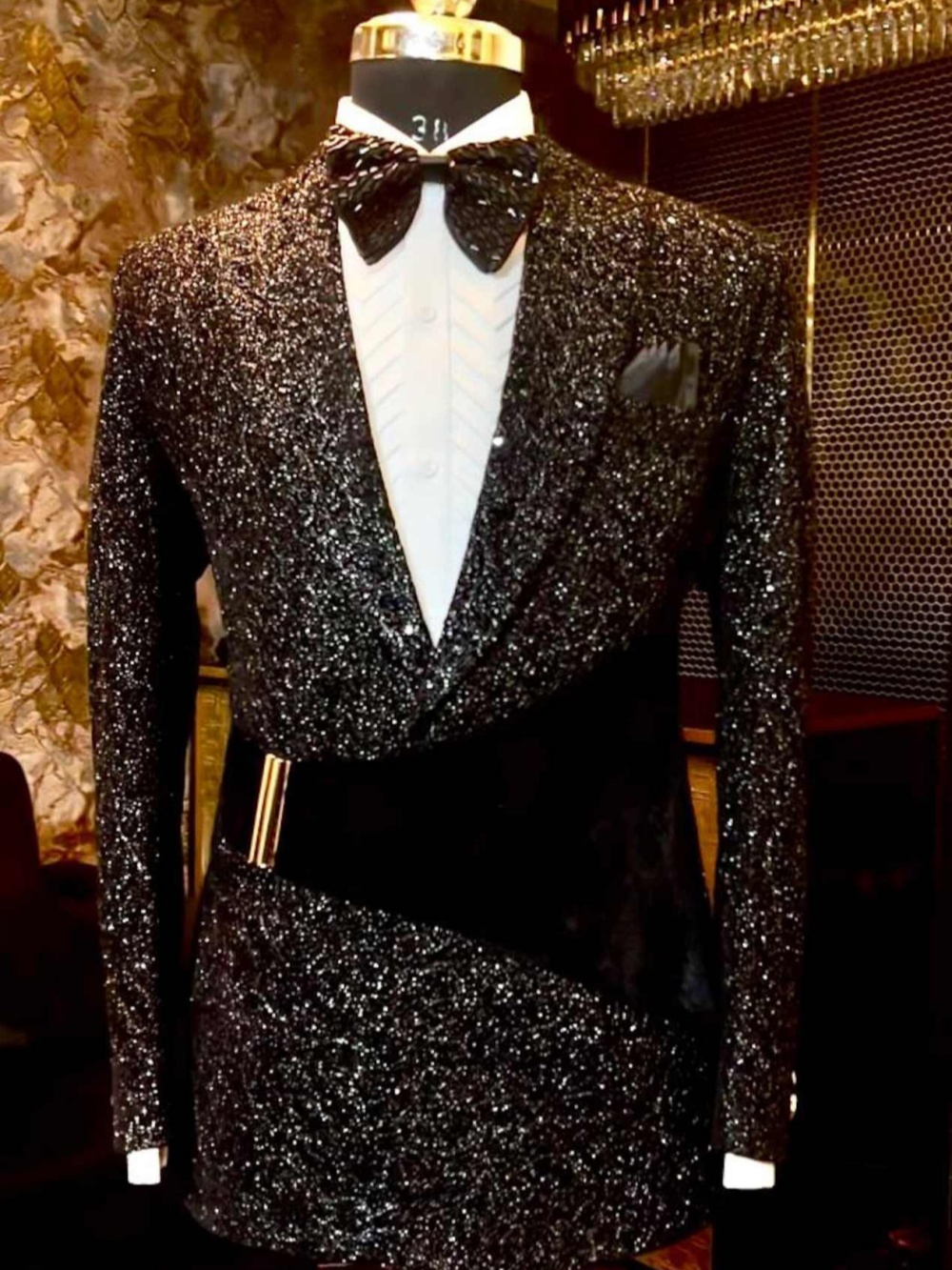 Handsome Man Tuxedos Sequins Notched Lapel Sashes Men Suit Exquisite 2 Piece Set Jacket Pants Evening Wedding Groom Coat Customized