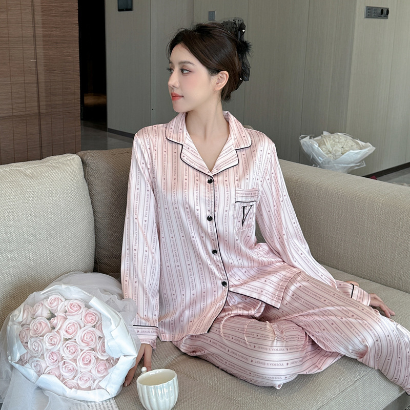 Womens pajamas striped and letter printed pajamas set comfortable long sleeved buttons top and pants Valentines Day pajamas set 250320