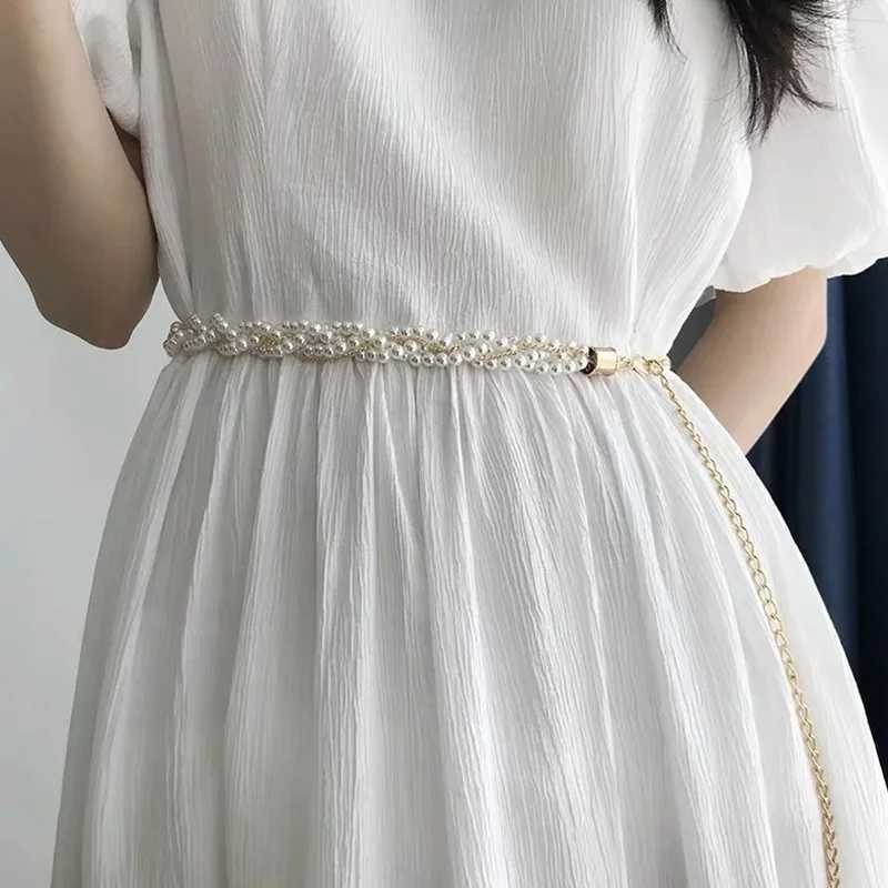Fashionable adjustable acrylic pearl strap warm ladies metal thin chain strap ultra-thin body chain dress strap elastic waistband X250410