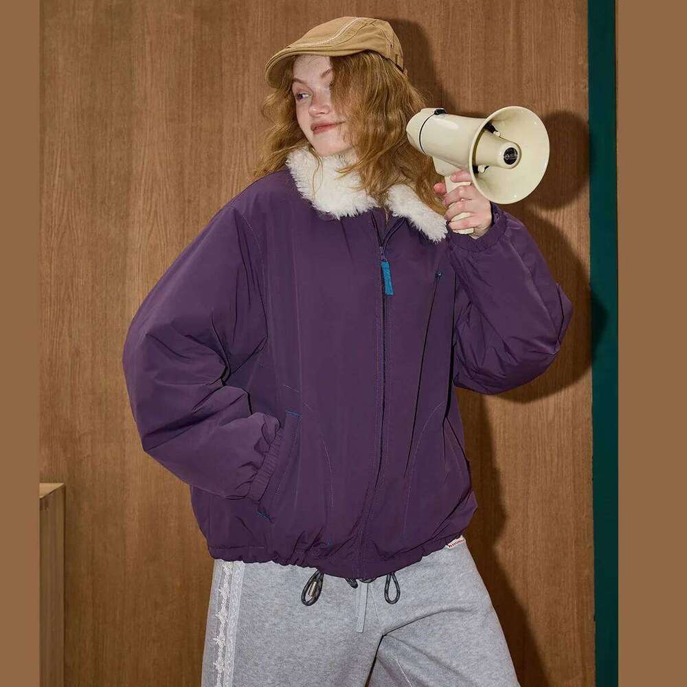 Winter Women's American Vintage Fur Collar Jacket Oversized Zip Up Parka Warm Cotton Padded Coat Loose Fit Outdoor Wear