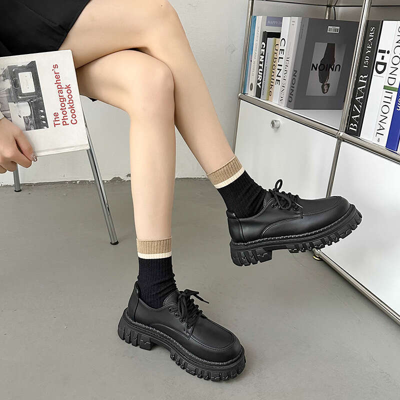 Woman Sandals Autumn And Winter New Black Versatile Thick Soled Casual For Women British Style Fashionable Lace Up Single Shoes JK Academy