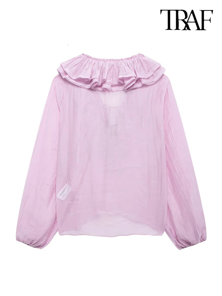 TRAF Womens Fashionable Elegant and Unique Solid Color V-neck Open Hemp Decorated with Long Sleeve Casual Shirt 250410