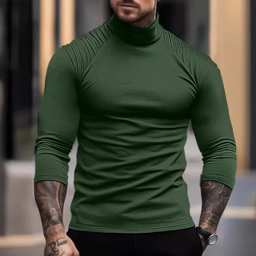 2023 new mens solid color slim fit high neck long sleeved T-shirt with personalized and fashionable pleats and shoulder sleeves