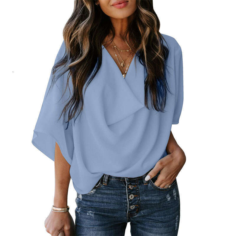 2023 Amazon Wish Independent Station New European and American Chiffon Shirt Loose V-Neck Casual Top T-Shirt Women's Clothing