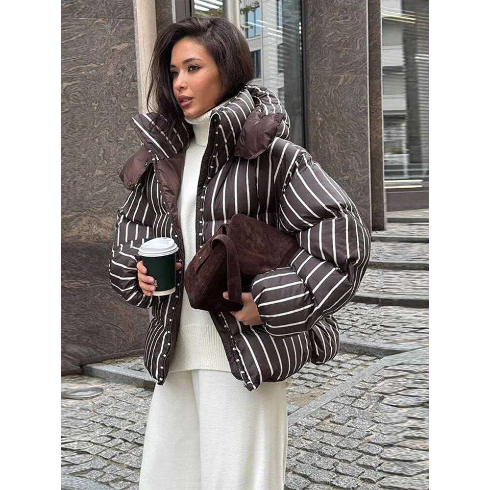 Striped Women's Winter Quilted Jacket Hooded Thicken Single Breasted Long Sleeve New Casual Female Coat Chic Loose Outwear