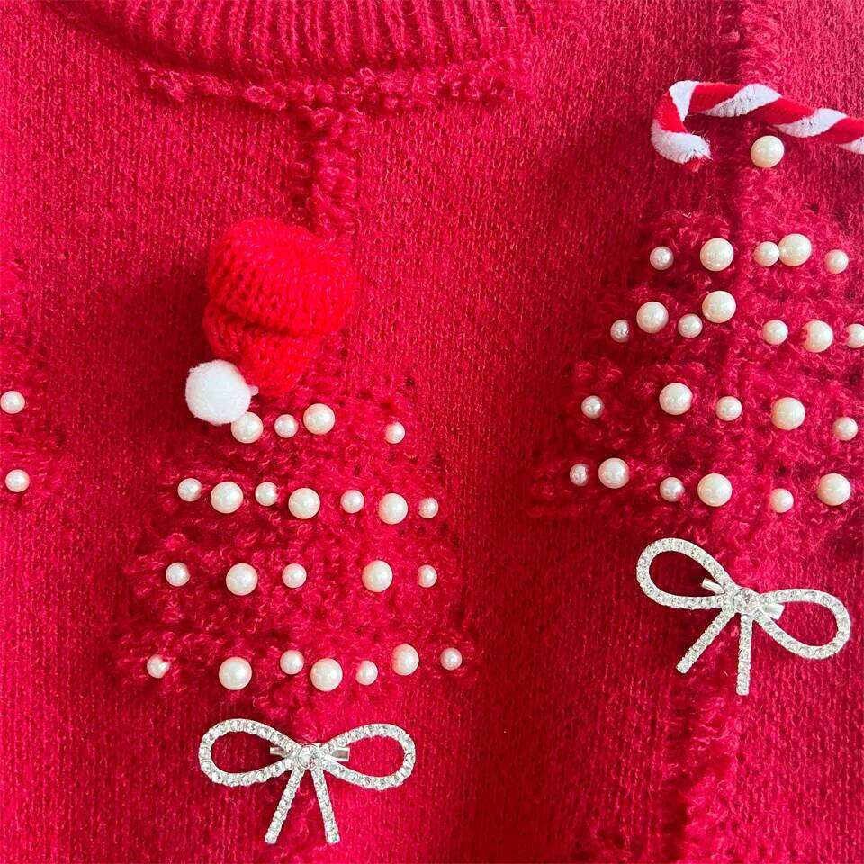 Autumn/Winter Christmas Sweater For Women Bow Nail Bead Red Knitted Pullover Tops American Fashion Jacquard New Year's Jumpers Designer Sweater W