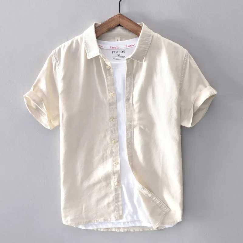Cotton linen short sleeved mens casual fashion yellow lapel mens summer classic basic clothing X250410