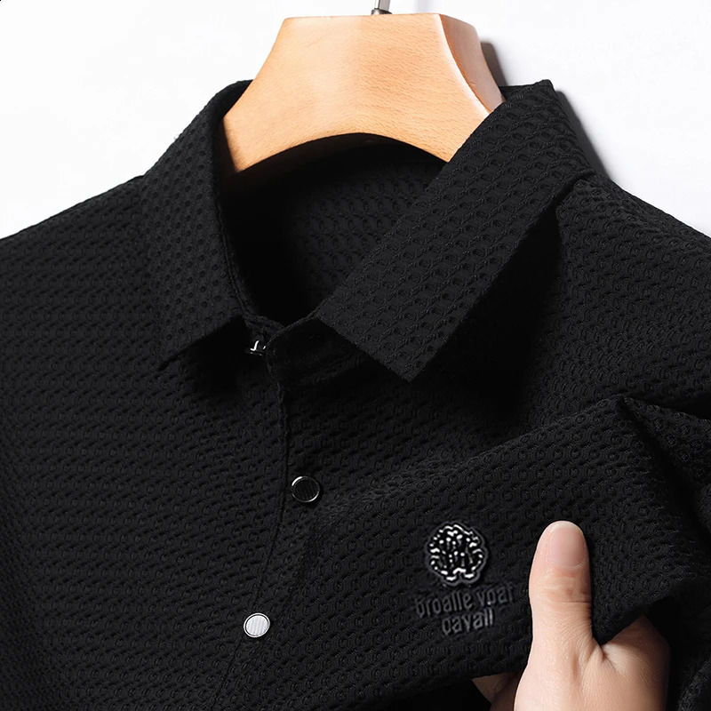 Ice Silk Fashion Embroidery Summer Mens Lop-up Hollow Short-sleeved Polo Shirt Breathable T-Shirt Male Clothes 250407