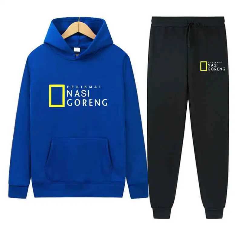 Autumn Men Gray Blue Casual 2PC Sets Trend Hoodie Tops Slim Pants Warm Sweatshirts Street Fashion Concise Printed Sports Suit W251110