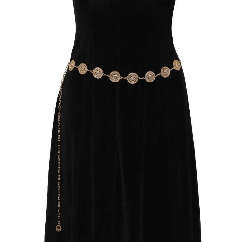 Gold adjustable buckle long waistband dress with fashionable body chain suitable for vintage style open metal X250410