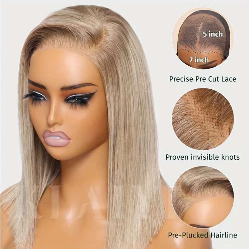 Klaiyi Blonde With Brown Root Wigs Short 7X5 Bye Wig Ready To Wear, Versatile Wig, Quick Hairstyle, Straight Hair, Bob Cut, Realistic Knots