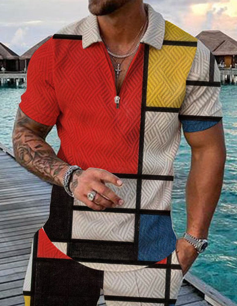 2022 mens new casual contrast Polo zipper Lapel short sleeve suit