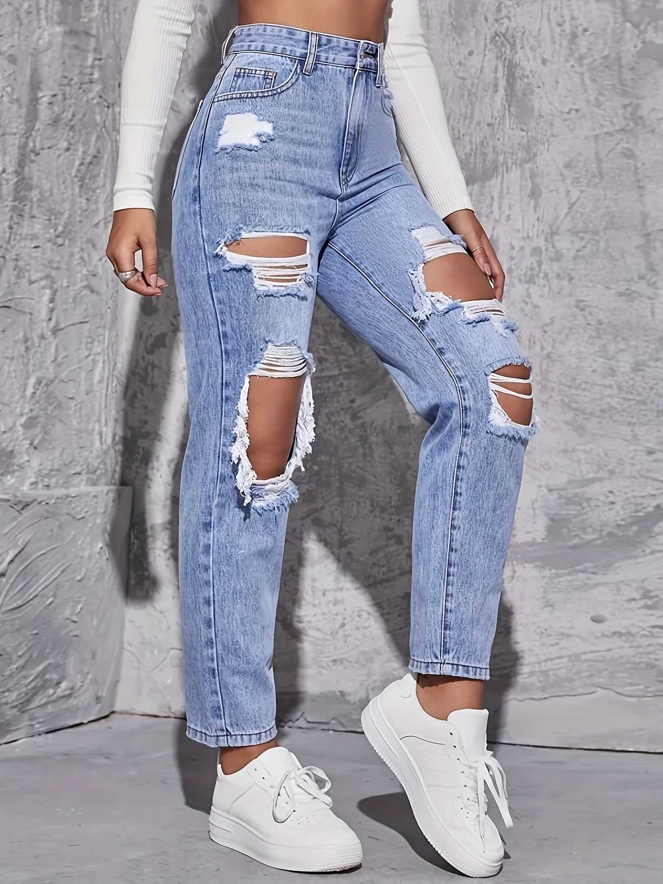 American Retro Hole-punched Jeans Women High Waist Straight-crotch Loose Slim Design High-street Wide-legged Dragging Pants C251110