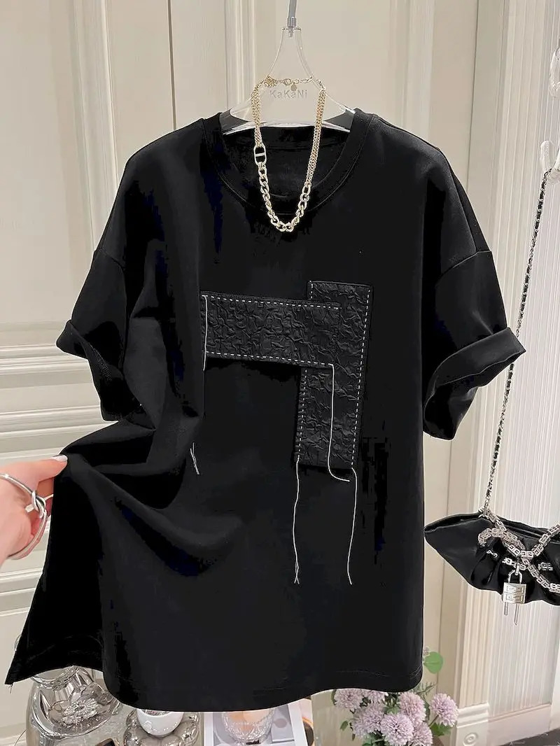 Oversized mens patchwork and decal open front short sleeved T-shirt casual loose fashionable top-notch summer trend T-shirt 250410