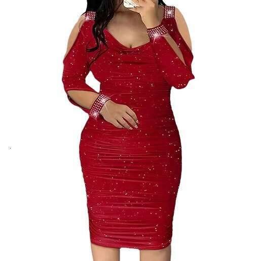 2025 Foreign Trade Women's Fashion Elegant Slim Fit Gathered Rhinestone Bodycon Tight V-neck Night club maxi dress SEXY DRESSES FOR WOMEN